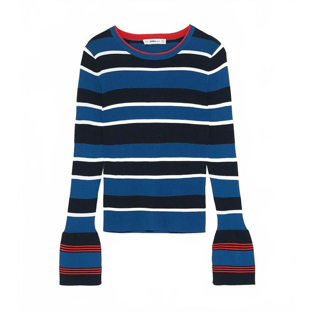 Zara Blue and Black Striped Crew Neck Sweater